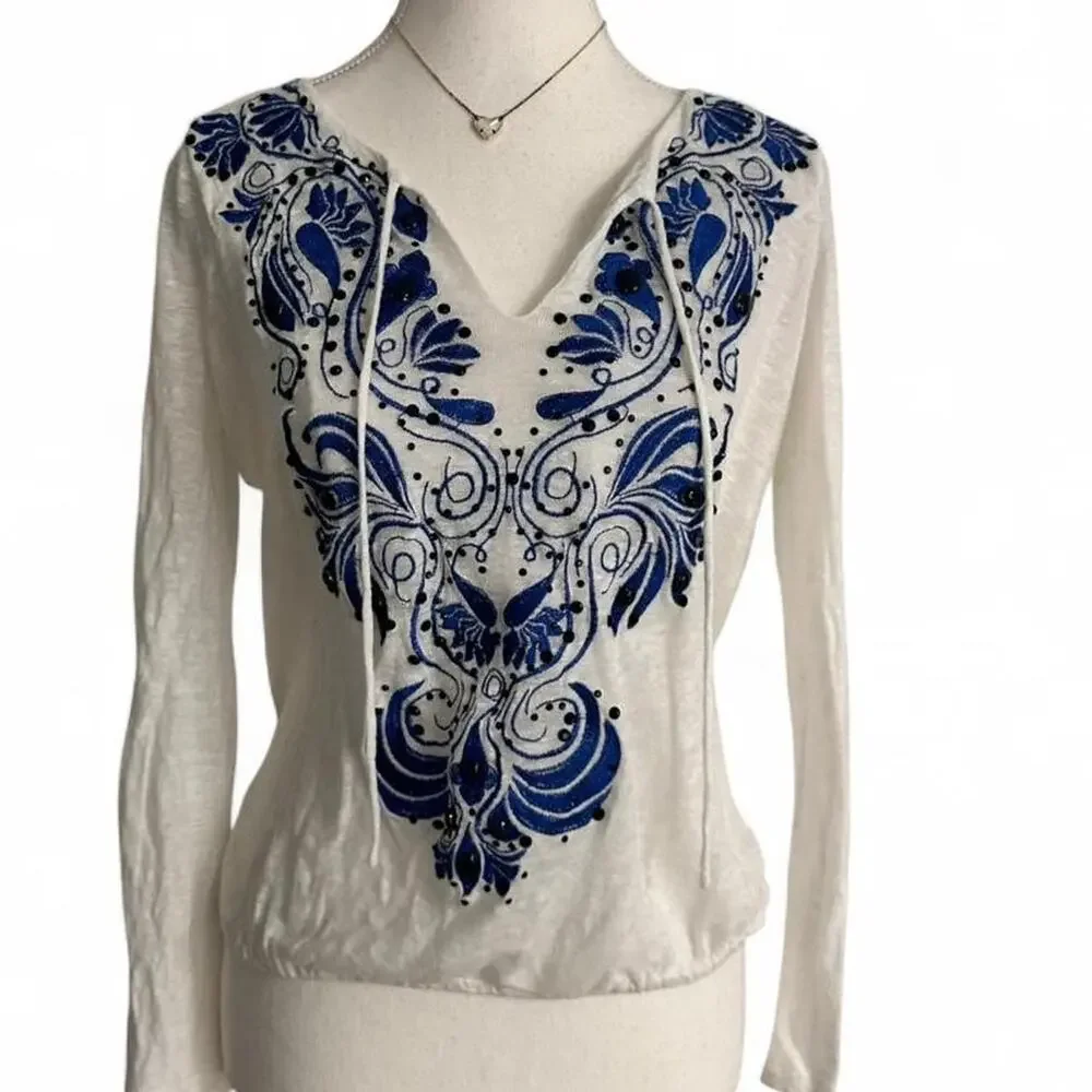 Ins Beach Y2K Sequin Beaded 100% Linen Light Weight Soft Long Sleeve Top Size L - Picture 1 of 5